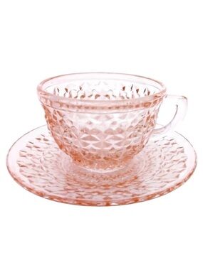 Jeannette Pink Depression Glass Holiday Buttons & Bows Cup & Saucer Set